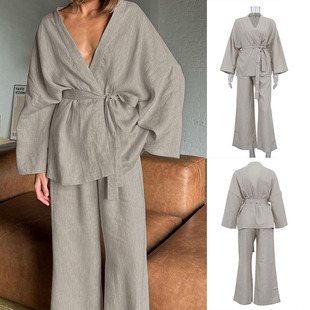 系带上衣宽松长裤 跨境时尚 休闲套装 V领长袖 suit 两件套Casual