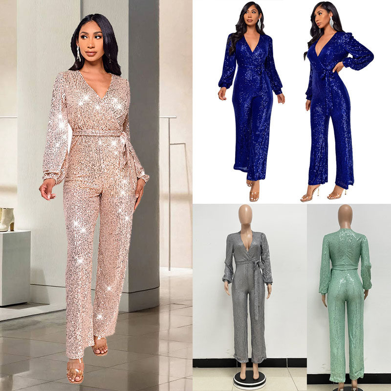 跨境INS风深V时尚休闲连体衣欧美长袖腰带亮片修身连体裤jumpsuit,女装/女士精品,连体衣/裤,淘宝优惠券,粉丝福利购,淘宝优惠卷