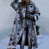 2025跨境女拼色格纹长袖 翻领外套印花龙凤仿呢子大衣Woman coat