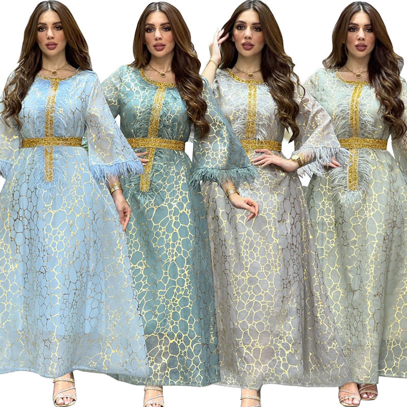 2022秋冬中东阿拉伯印尼服饰烫金烫钻羽毛腰带超长超大礼服连衣裙