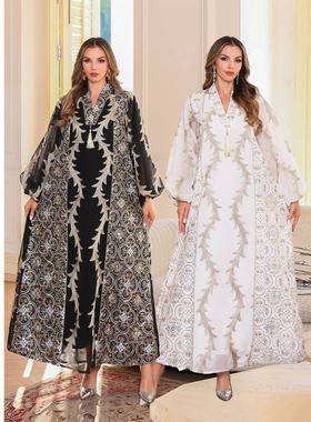 2025重工网纱刺绣长袍中东流苏V领泡泡袖新疆迪拜节日连衣裙Dress