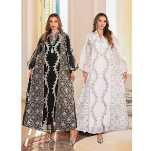 2025重工网纱刺绣长袍中东流苏V领泡泡袖新疆迪拜节日连衣裙Dress