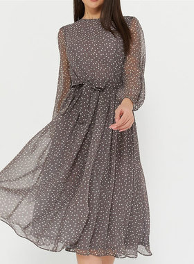 2021春女长袖雪纺印花波点礼服连衣裙Chiffon polka dot dress