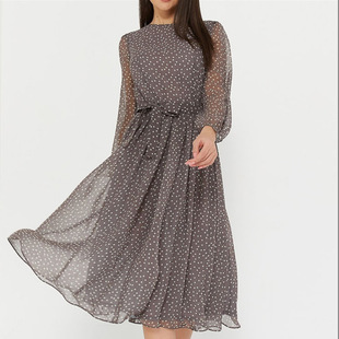 2021春女长袖雪纺印花波点礼服连衣裙Chiffon polka dot dress