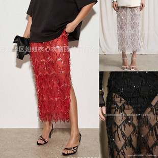 2026欧美跨境亮片流苏网格开叉中长包臀性感显瘦网纱半身裙skirt