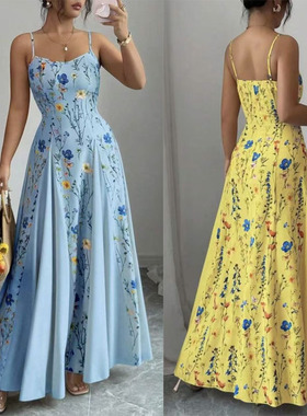 跨境亚马逊2026欧美夏季新品时尚印花收腰吊带修身连衣长裙Dress