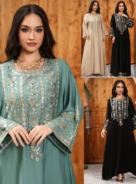 跨境中东阿拉伯亮片绣花旅游时尚休闲大码迪拜长袍连衣裙Dress