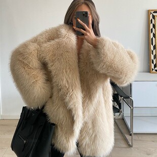 跨境女中长款气质大翻领宽松网红毛绒大衣仿狐狸毛皮草外套Coat