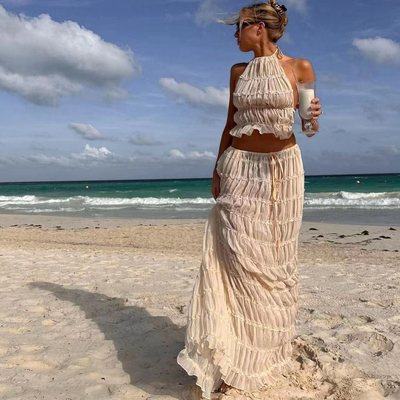 褶皱挂脖背心长裙沙滩女度假套装