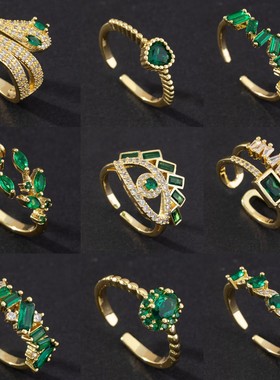 复古祖母绿人工宝石金属开口戒指