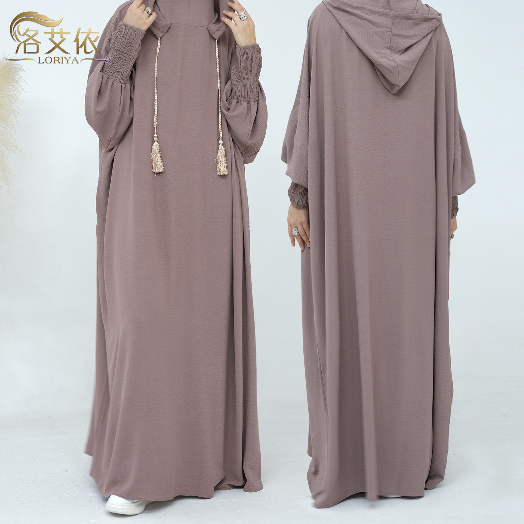 印尼阿拉伯中东迪拜土耳其速卖通纯色连帽收口袖流苏连衣裙dress