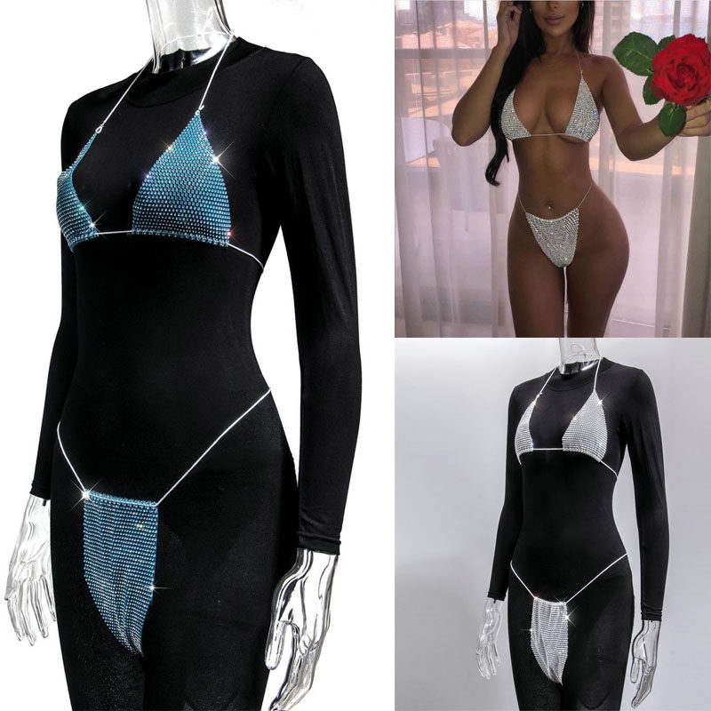 2022女网格闪钻比基尼套装分体泳衣性感Sexy sparkly diamond set
