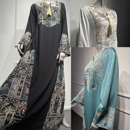 大码流苏图腾重工绣花连衣长裙