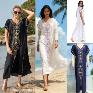 东南亚风度假比基尼罩衫 宽松开叉跨境防晒连衣长裙Dress 绣花短袖