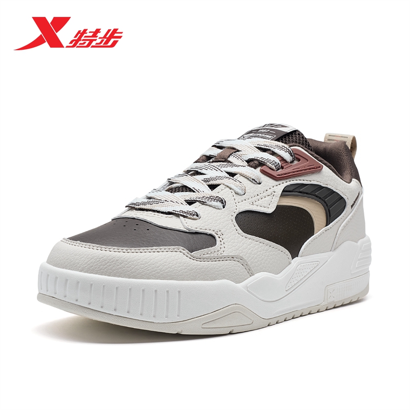 特步男鞋板鞋低帮系带革面休闲鞋