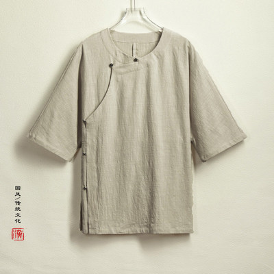 斜襟棉麻汉服衬衫男五分袖马褂