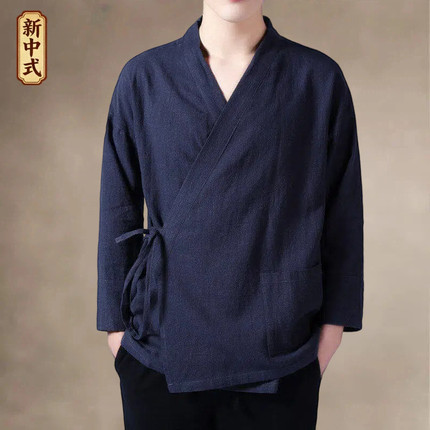 新中式改良汉服男棉麻斜襟交领上衣中国风古风道袍中年禅意茶服
