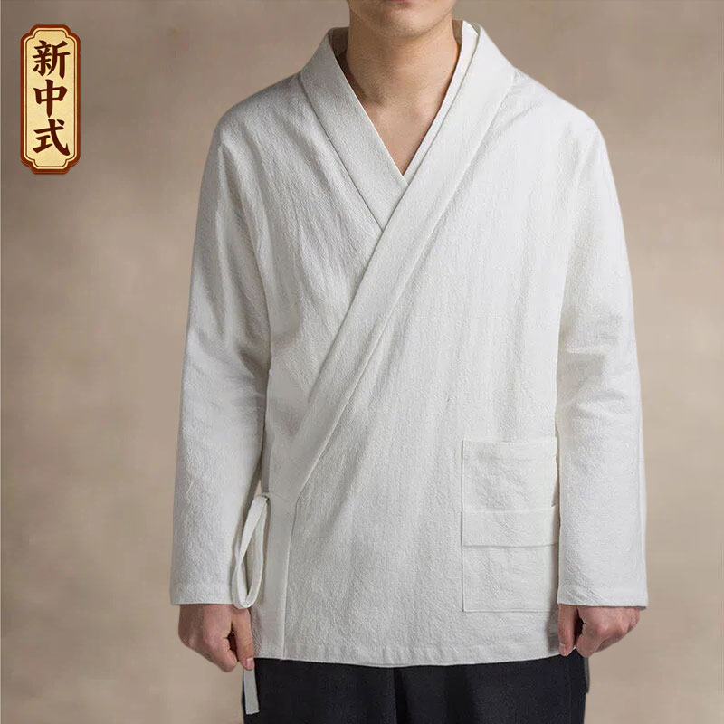 中国风男士棉麻汉服斜襟系带长袖宽松中年民族服装白色道袍禅修服