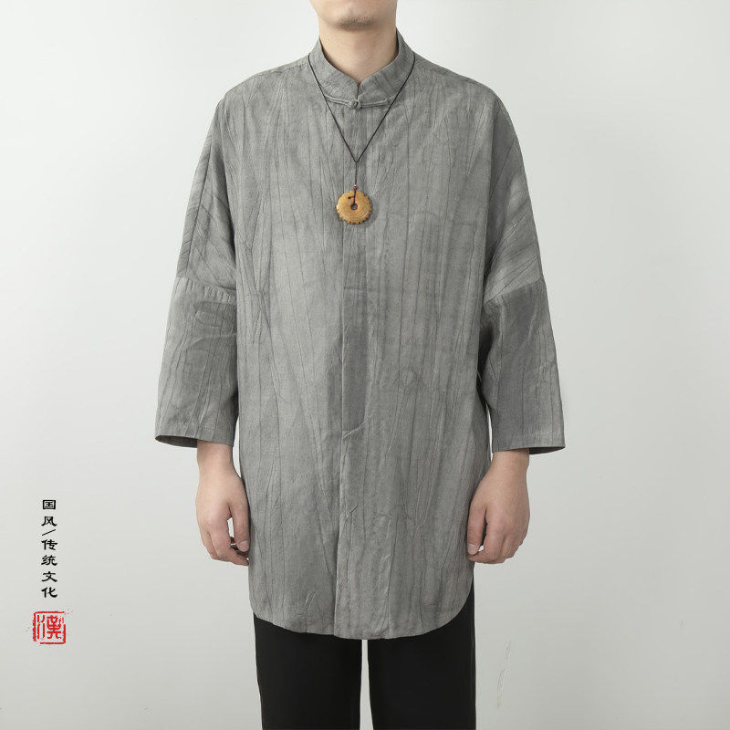 复古暗门襟衬衫男长款9分袖宽肩中年爸爸居士禅意中国风衬衣大码