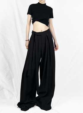 没2月  立裁褶裥飘带高腰阔腿西裤遮胯显瘦拖地裤