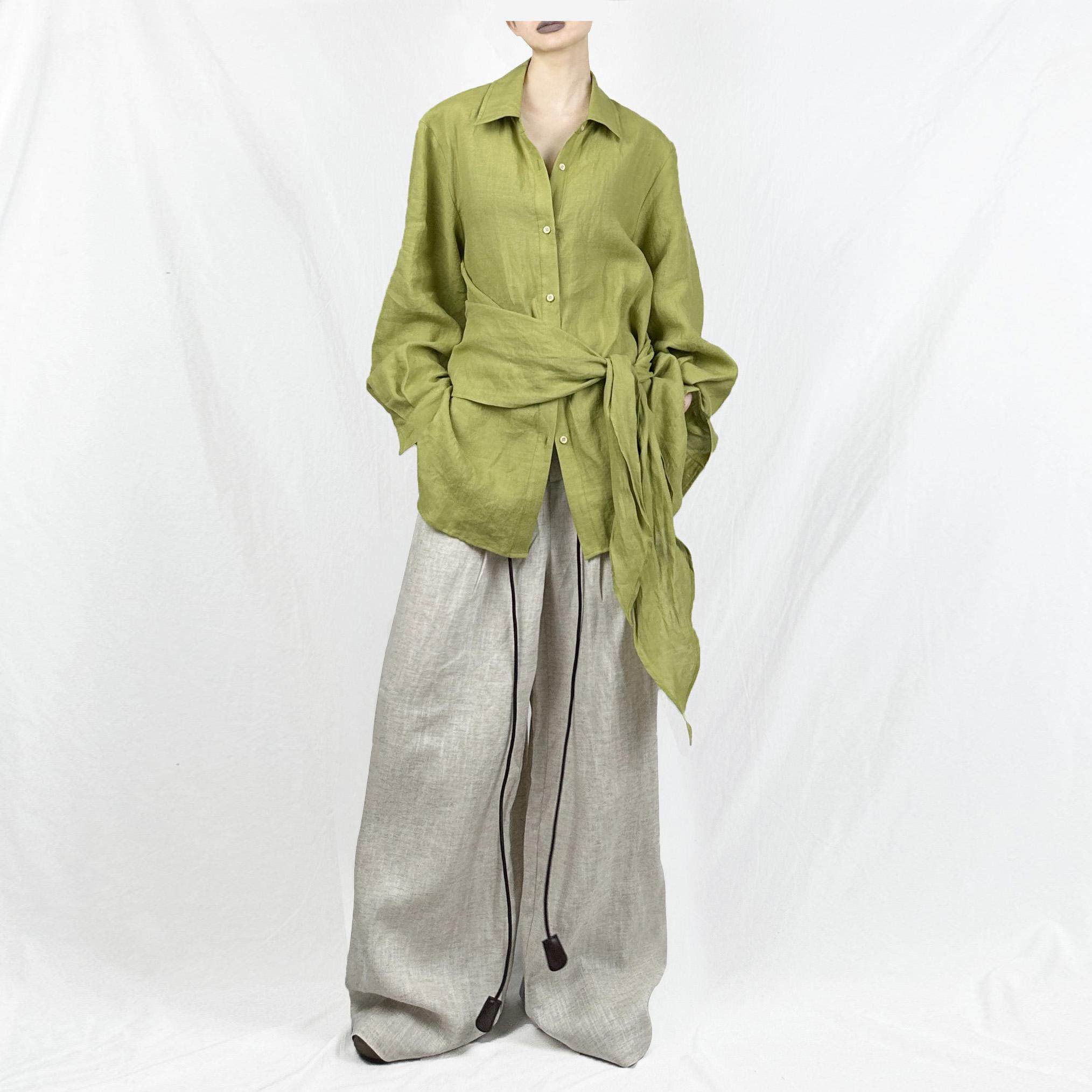 没2月 牛油果绿麻料衬衫设计感长袖宽松休闲百搭上衣