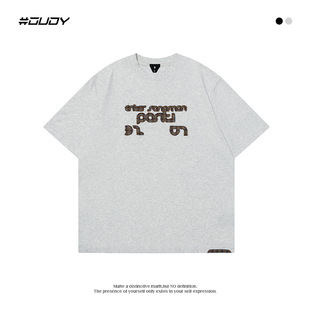 OVDY官方正品美式街头复古水洗t恤男短袖毛边贴布字母百搭半袖潮