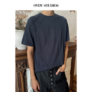 OVDY极简风错位拼接个性解构设计明线装饰短袖宽松圆领T恤上衣