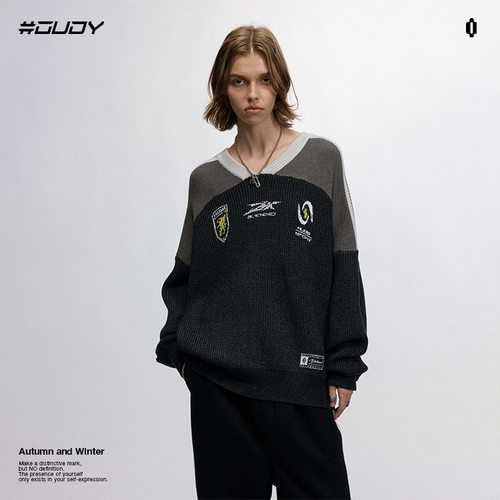 OVDY秋冬新款毛衣男宽松款手刷丝印提花街潮橄榄球服v领针织衫