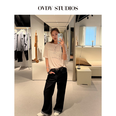OVDY亚麻混纺休闲百搭反光印花肌理感垂坠抗皱夏季T恤短袖新款