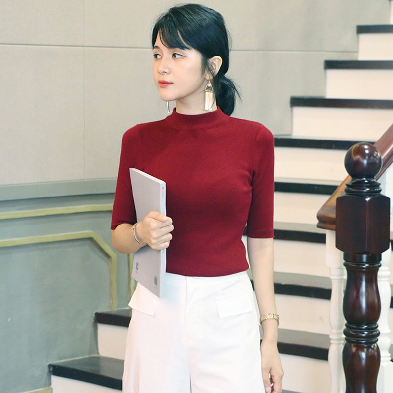 新款2025秋季中袖针织打底衫女纯色套头半高领半袖修身显瘦毛衣女