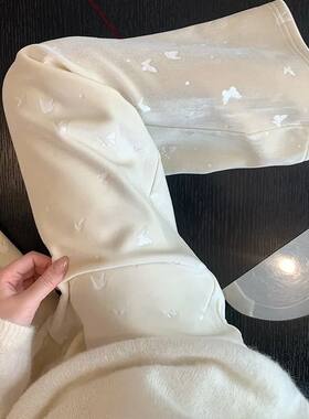白色蝴蝶烫花丝绒高腰显瘦阔腿裤