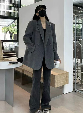 胖mm灰色短款呢子大衣女秋冬新款高级感小个子加大码西装毛呢外套