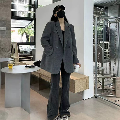 胖mm灰色短款呢子大衣女秋冬外套