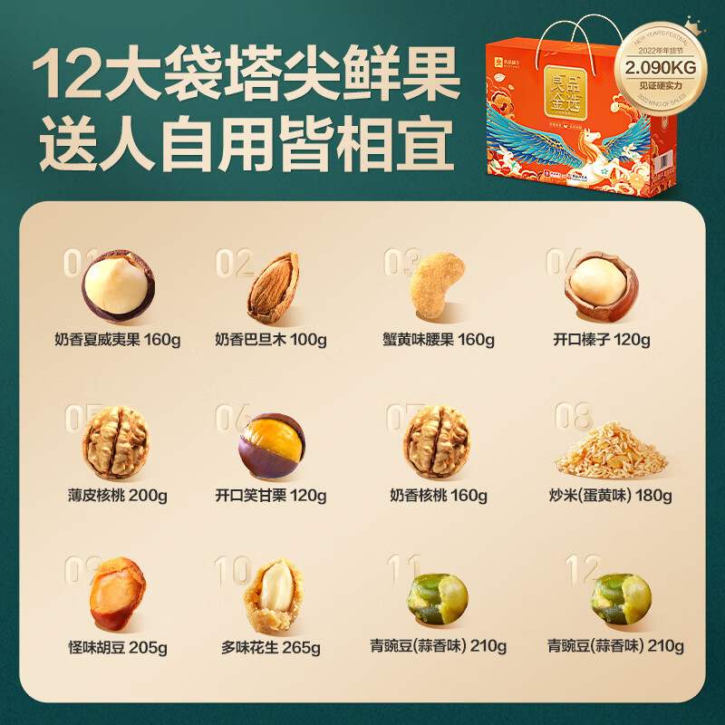 良品铺子12包/2090g每日坚果零食大礼包年货礼盒过年干果肉条箱装