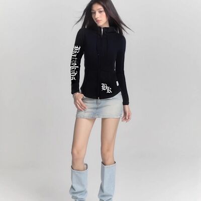 设计感美式复古字母印花连帽卫衣女秋季修身显瘦百搭长袖拉链外套