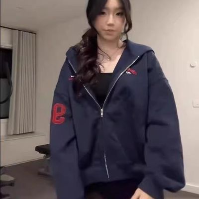 美式复古小众印花设计感卫衣女秋季休闲百搭连帽拉链开衫潮流外套