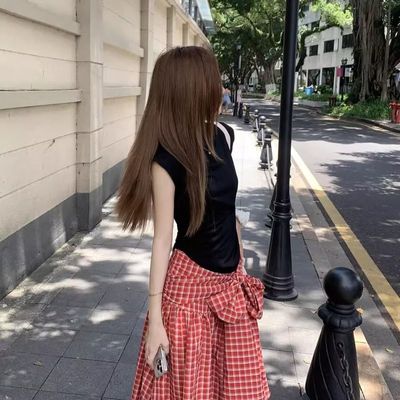 美式红色格子绑带半身裙女夏季高腰显瘦a字裙长款大摆伞裙