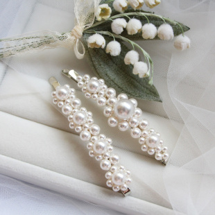 纯手工编制欧美网红珍珠花朵发夹2018ins走秀款 边夹一字夹发饰品