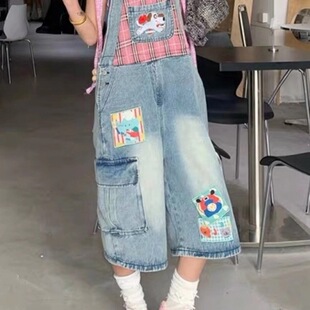 美式复古水洗卡通童趣刺绣牛仔背带七分裤女2025新款宽松显瘦中裤