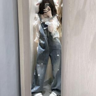 美式辣妹复古蝴蝶结蕾丝织带烫钻牛仔背带裤女秋季新款宽松连体裤