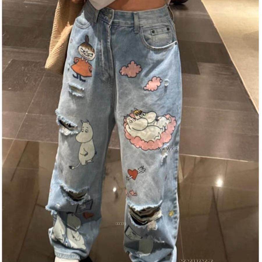 美式复古趣味卡通印花破洞牛仔裤女2025春夏新款宽松直筒阔腿长裤,女装/女士精品,牛仔裤,淘宝优惠券,粉丝福利购,淘宝优惠卷