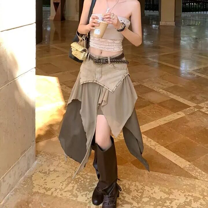 废土风辣妹雪纺拼接不规则牛仔半身裙女2026春夏新款低腰显瘦裙子