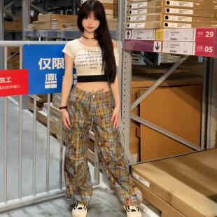 美式复古设计感涂鸦格子工装裤女2025春款绑带口袋宽松阔腿长裤潮