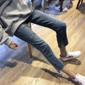 女紧身显瘦八分小个子弹力高腰开叉九分直筒裤 烟管牛仔裤 新款 春季
