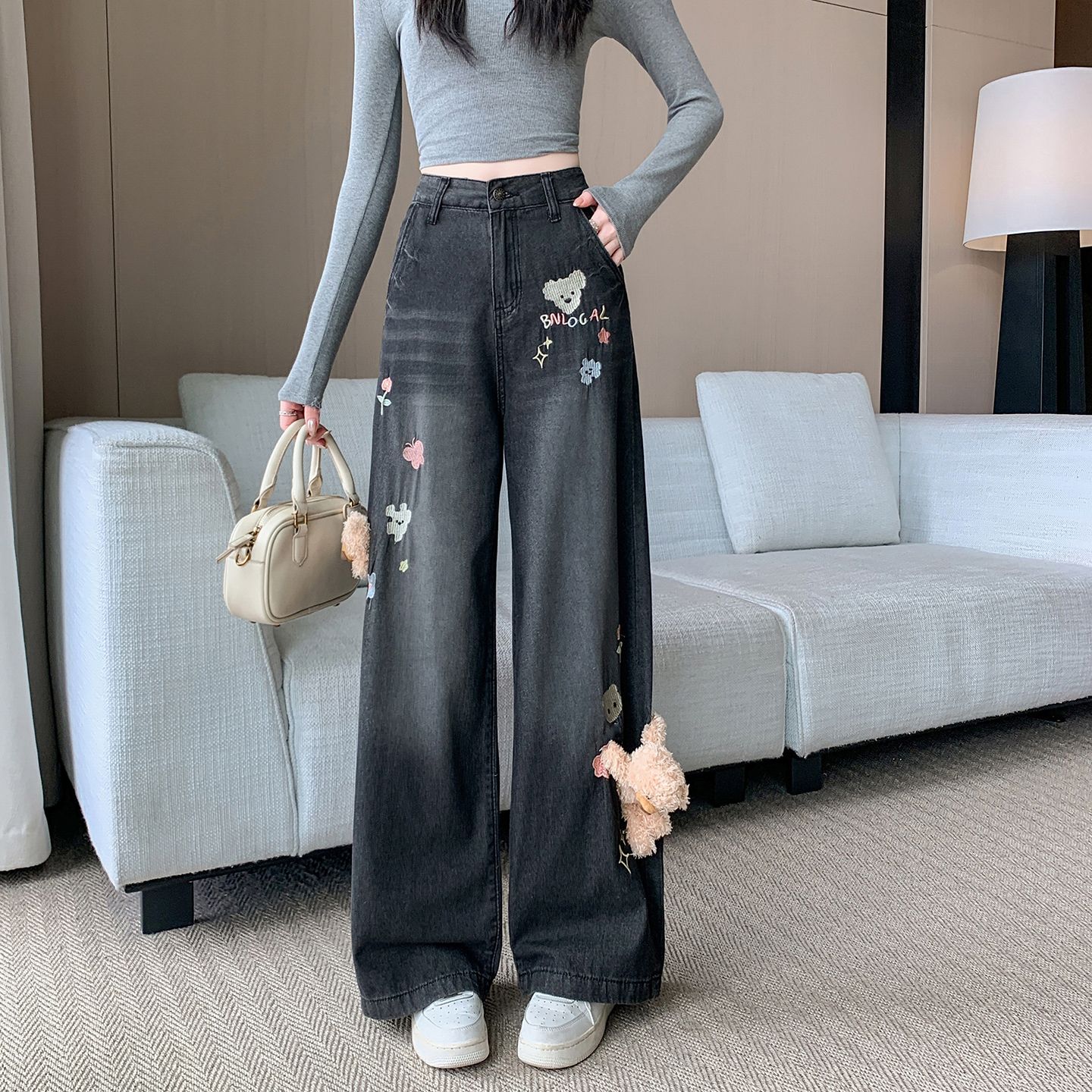 美式复古小熊牛仔裤女2026春秋季新款小众设计感宽松百搭阔腿裤子
