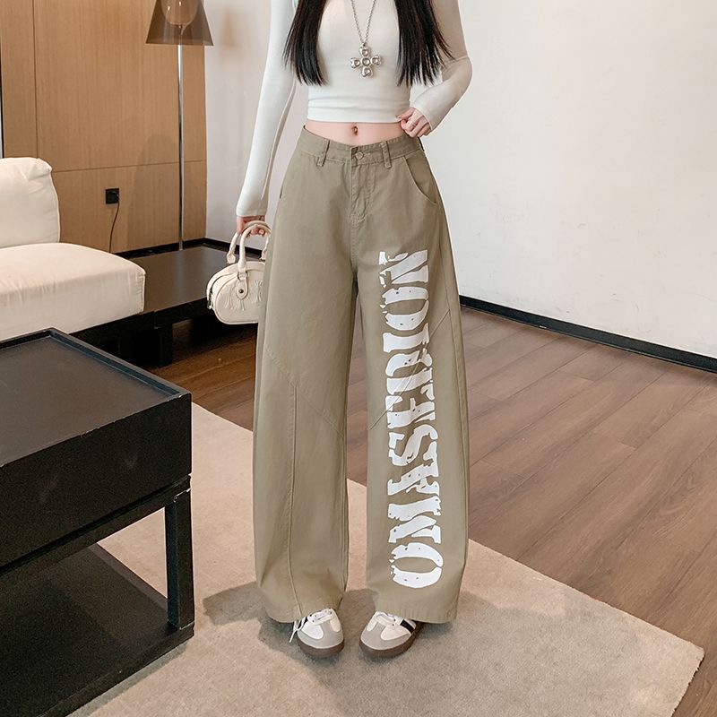 个性印花百搭弯刀牛仔裤女春秋新款宽松时尚慵懒风阔腿拖地牛仔裤
