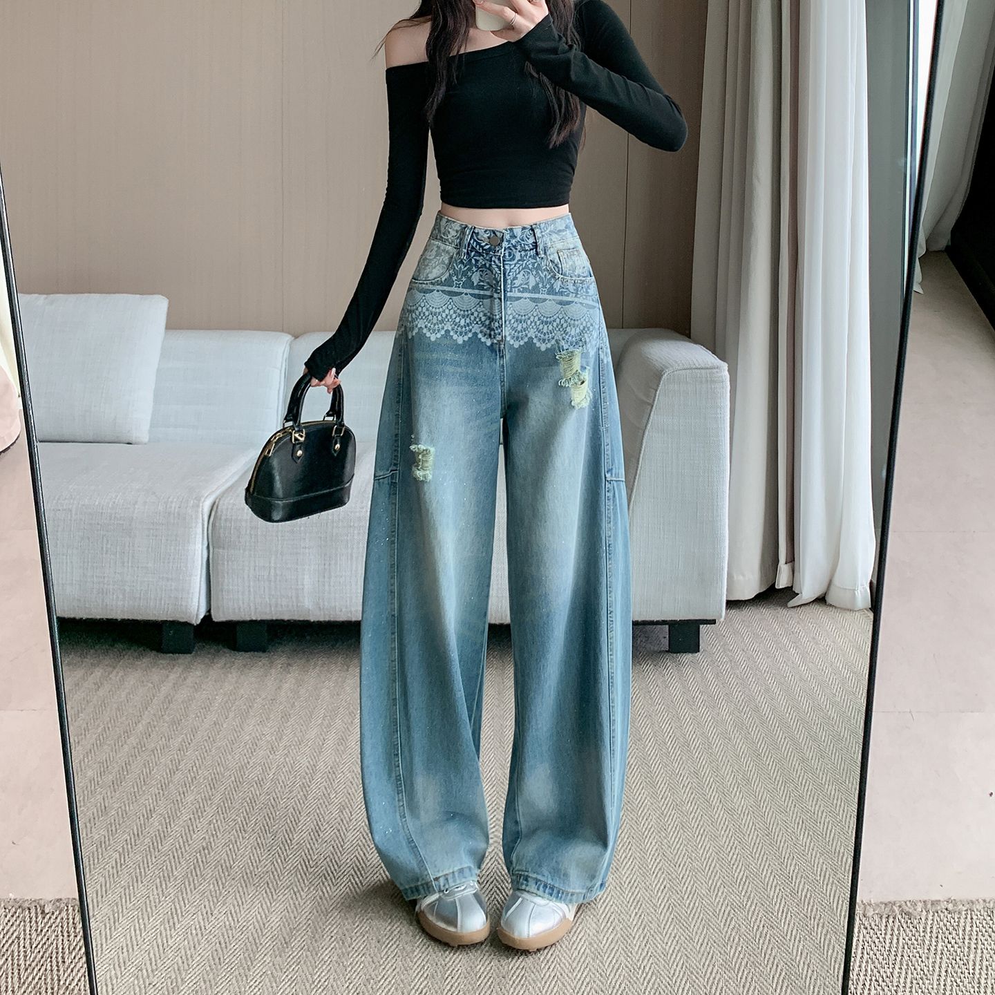 时髦洋气高级感蕾丝印花高腰牛仔裤女2026夏季新款收腰显瘦直筒裤