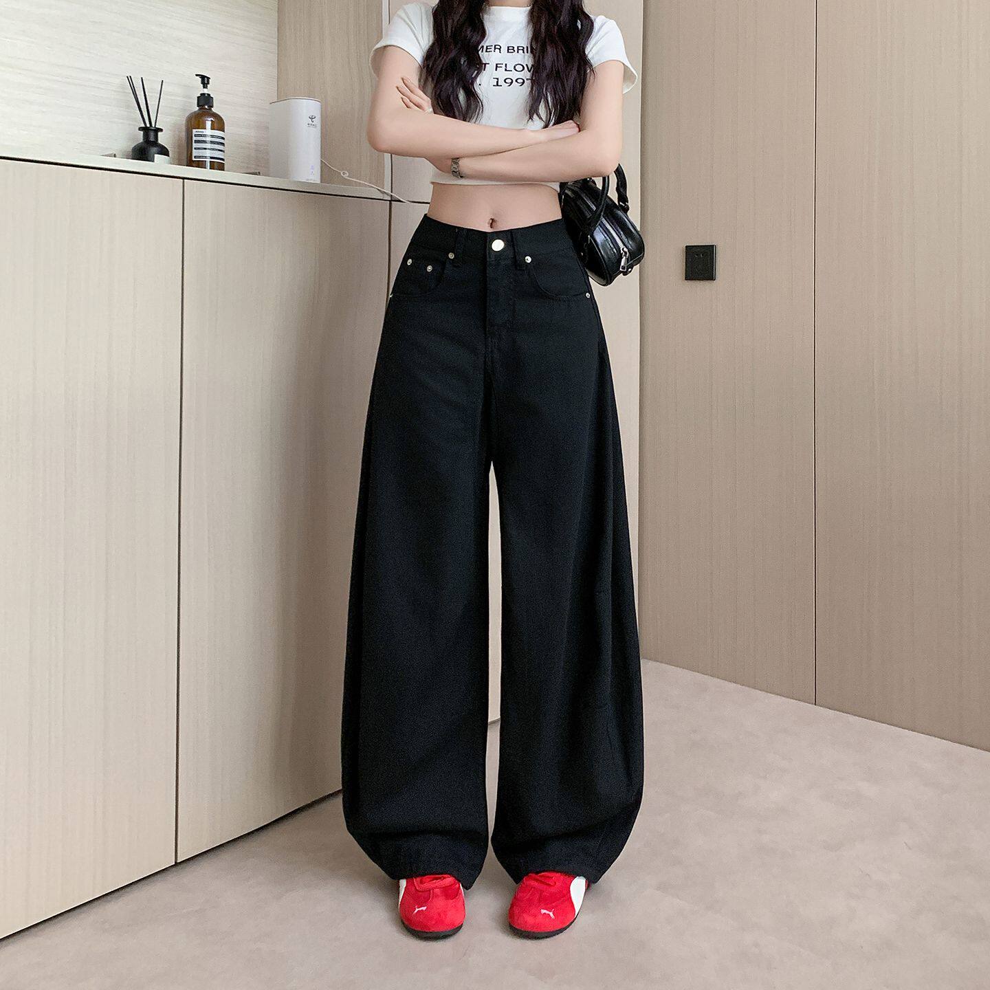 大码美式复古宽松阔腿牛仔裤女秋季新款街头风黑色显瘦弯刀拖地裤