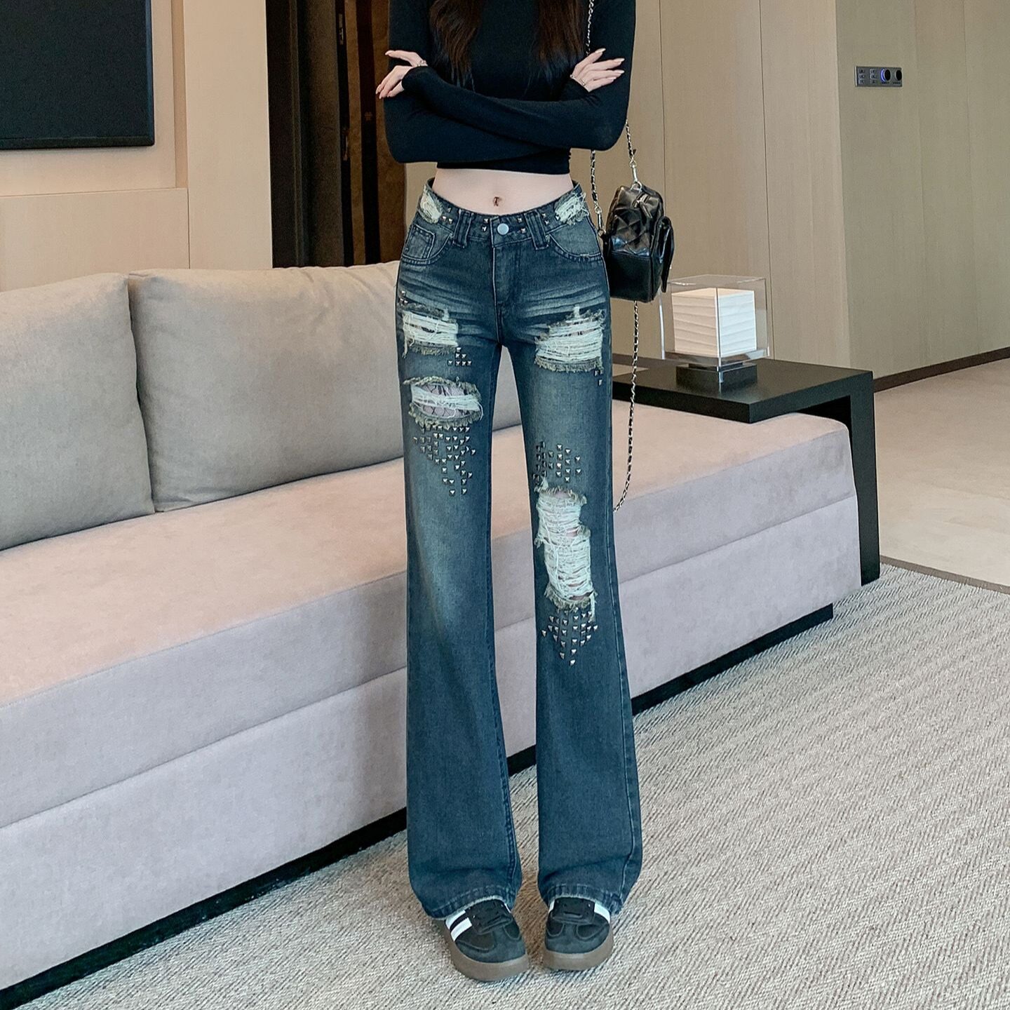 美式辣妹破洞牛仔裤女秋季新款设计感蕾丝拼接裤子复古破洞拖地裤