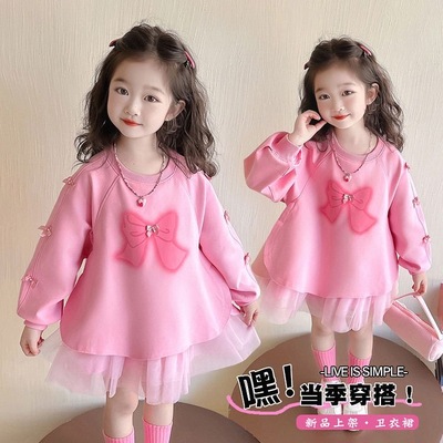 女童连衣裙春季2025新款女宝宝甜美网纱拼接卫衣裙儿童公主裙春装